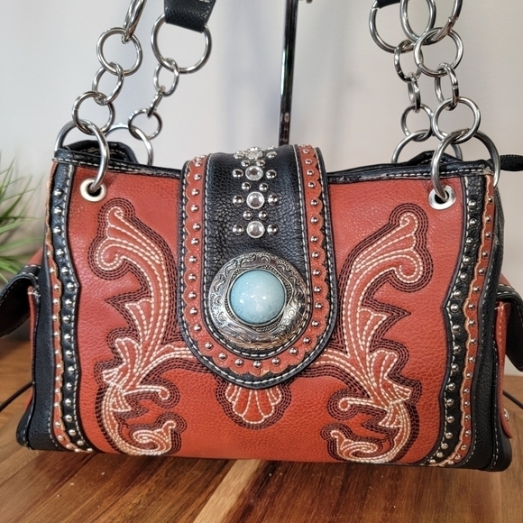 P & G COLLECTION Brown Western Shoulder Bag Embellished Studded - Picture 3 of 17